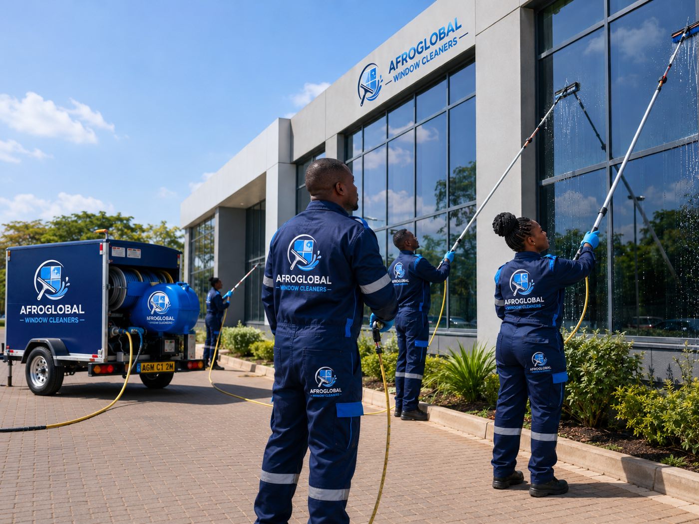 Team cleaning the glass facade of an office building with hot-water telescopic poles, trailer unit parked alongside
