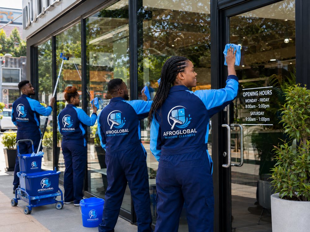 Uniformed cleaners polishing a shopfront's glass doors and display windows