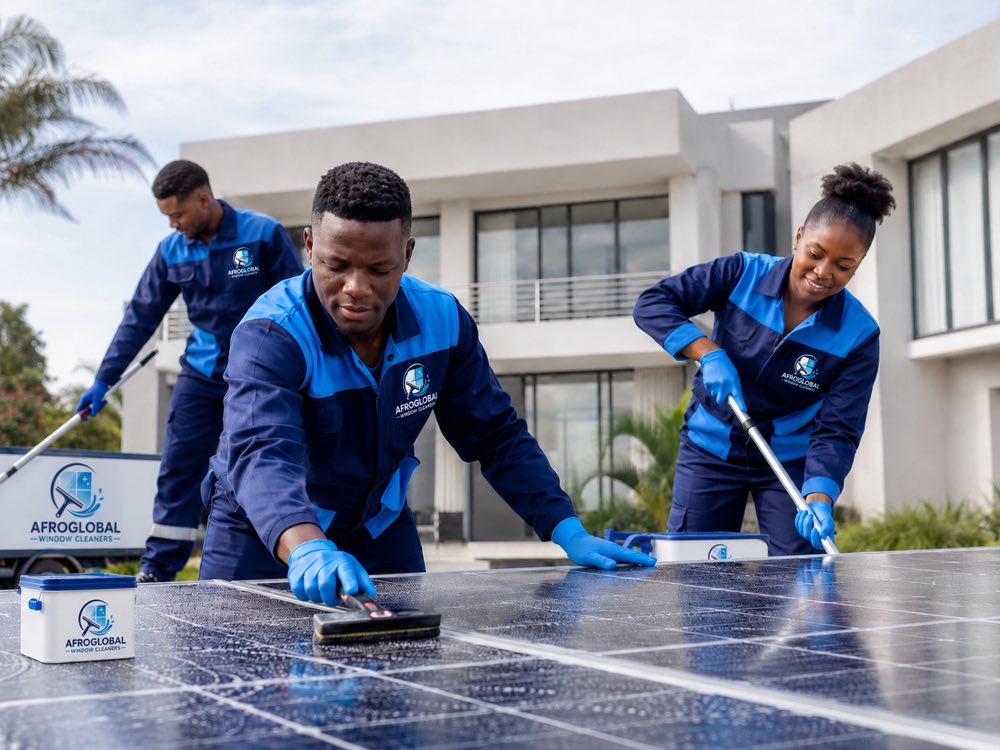 Afroglobal cleaners washing rooftop solar panels with soft brushes