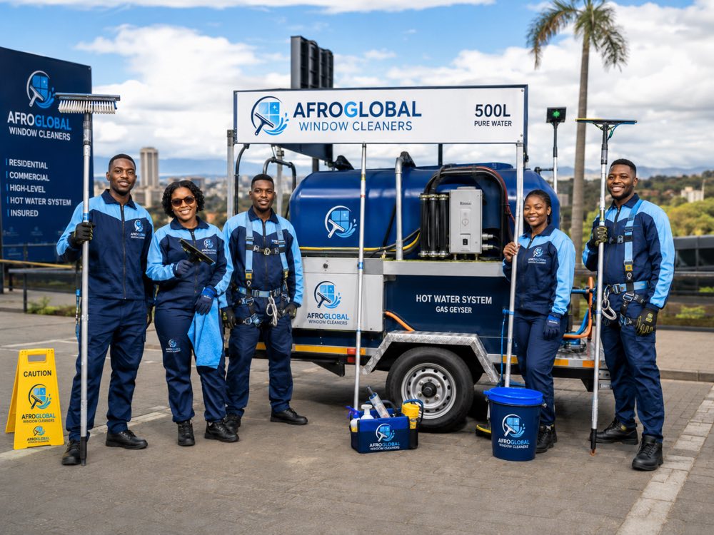 The Afroglobal Window Cleaners team in uniform beside the 500L hot-water mobile trailer unit with gas geyser