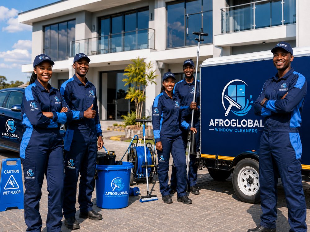 The Afroglobal Window Cleaners team with their branded equipment trailer